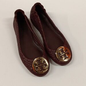 Tory Burch Minnie Travel Quilted Burgundy Leather Logo Ballet Flats